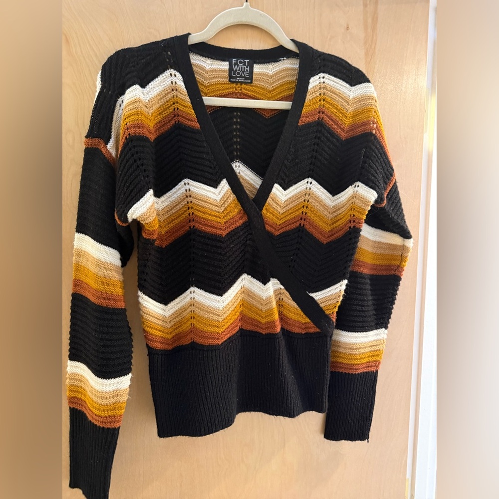 Black V-Neck Chevron Wrap Sweater with Autumn Stripes